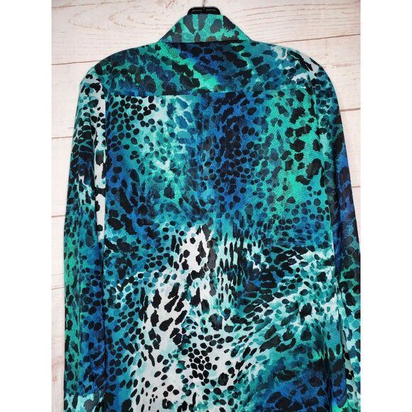 Rare Chico's Aqua Green Leopard Design Faux Diamond Rhinestone Button Up Shirt - Picture 9 of 12